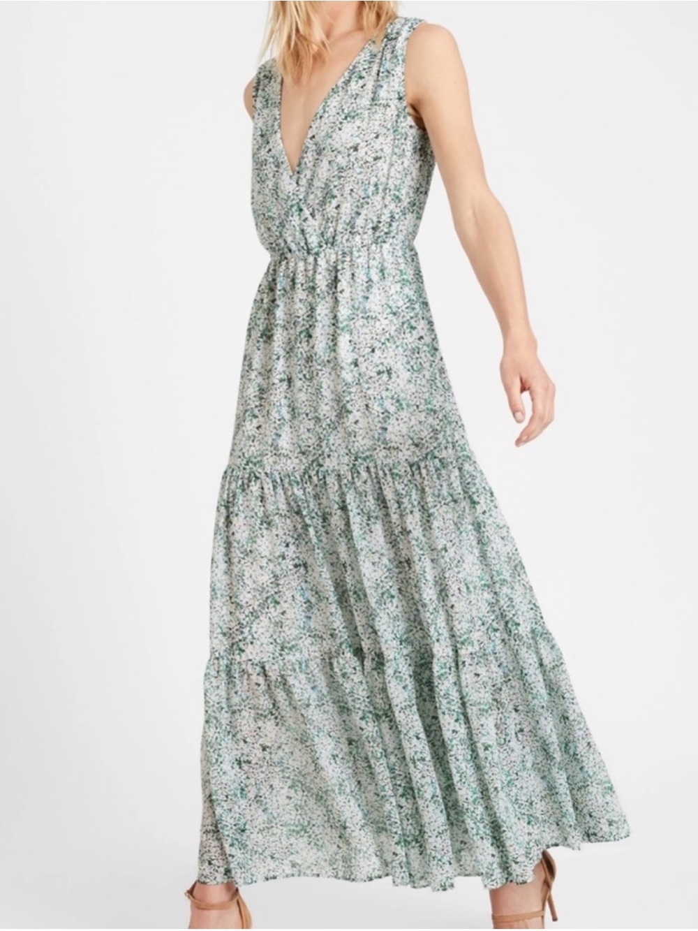 Banana Republic Green and White Floral V-Neck Maxi Dress
